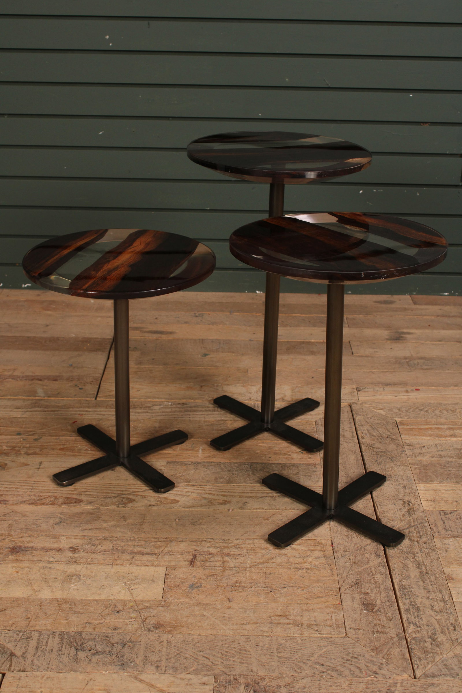 Suite of 3 Lucite and Wood Drinks Tables: On Iron Bases. Size: 12.25" diameter on all tops, 20.75"T, 18.25"T, 14.75"T