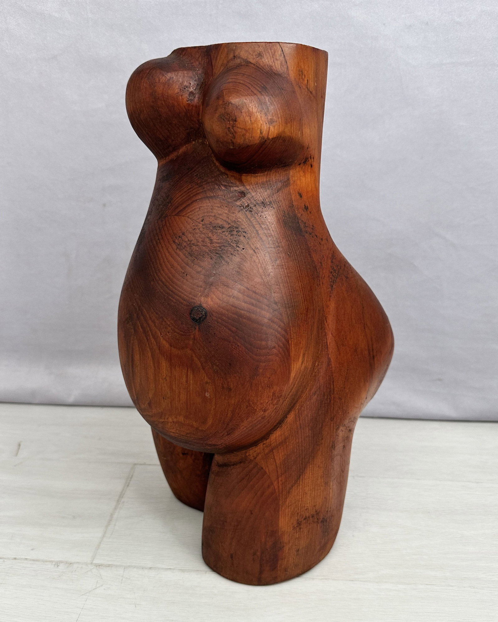 Studio Carved Wood Fertility Figure: Hand carved wood modernist pregnant female torso. Unsigned. Size: 15"T x 6"L x 8"D