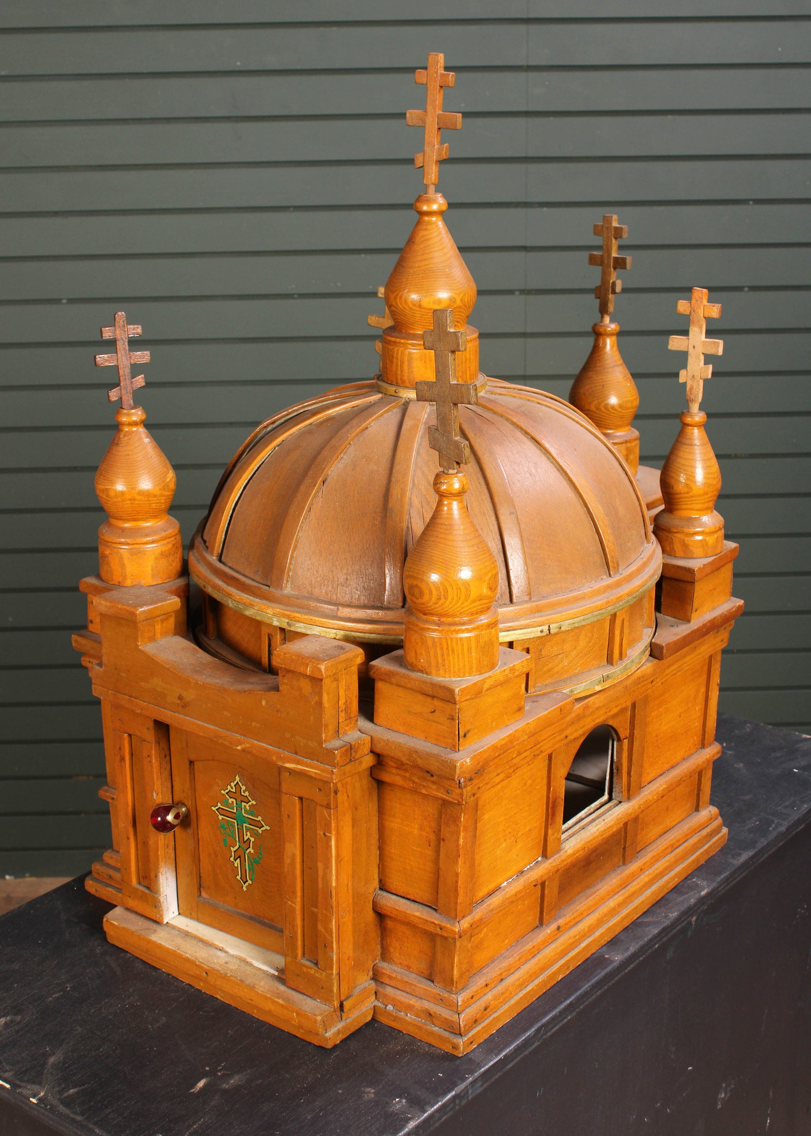 Model Of Russian Orthodox Church: A carved and shaped wood model of an Orthodox domed Church framed with spires and crosses. Extra items found within. Size: 31"T x 29"W x 16"D