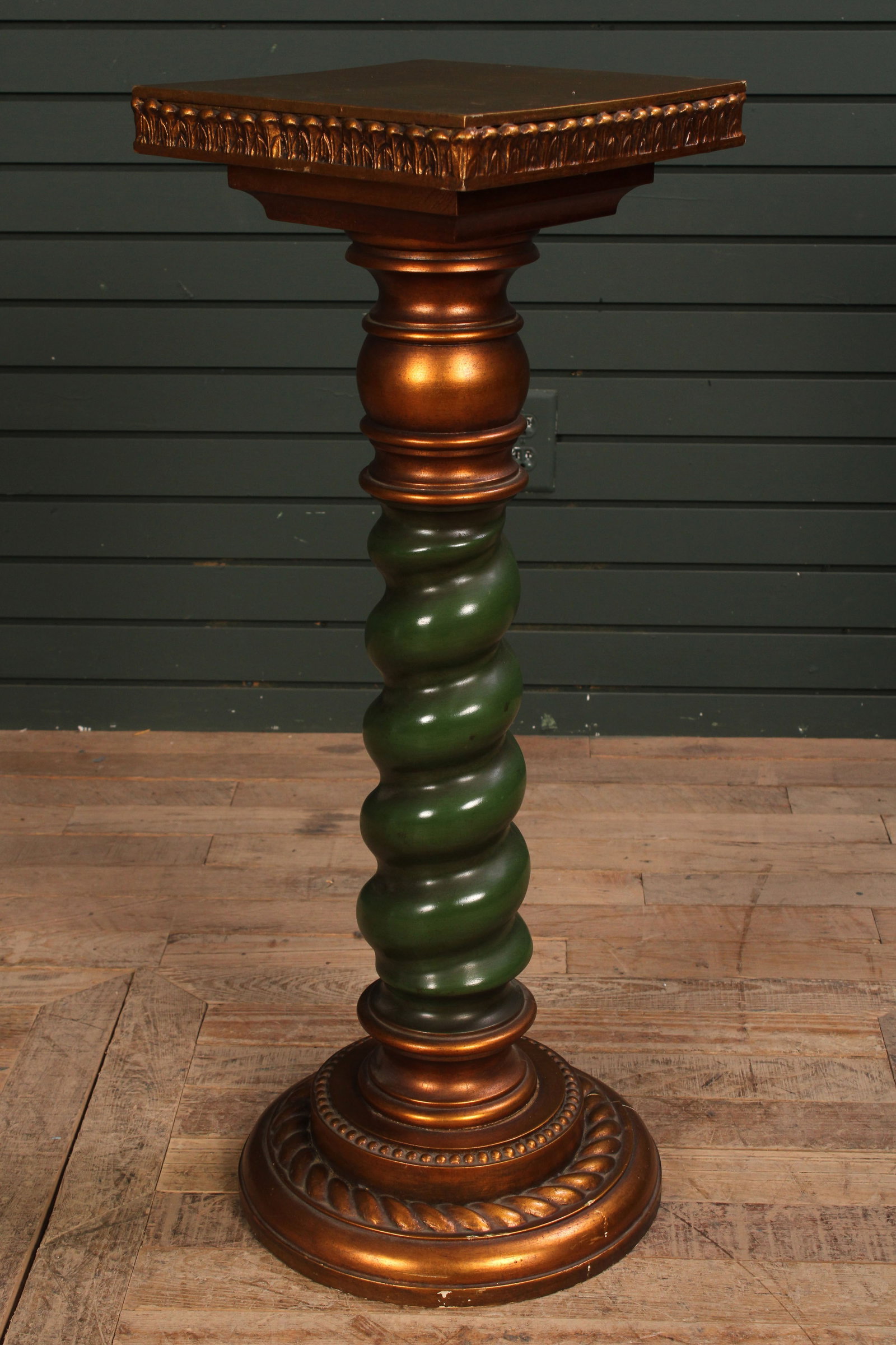 Barley Twist Pedestal, Green & Gold: Barley twist carved pedestal in green and gold. Size: 33.5"T x 13"W x 13"D