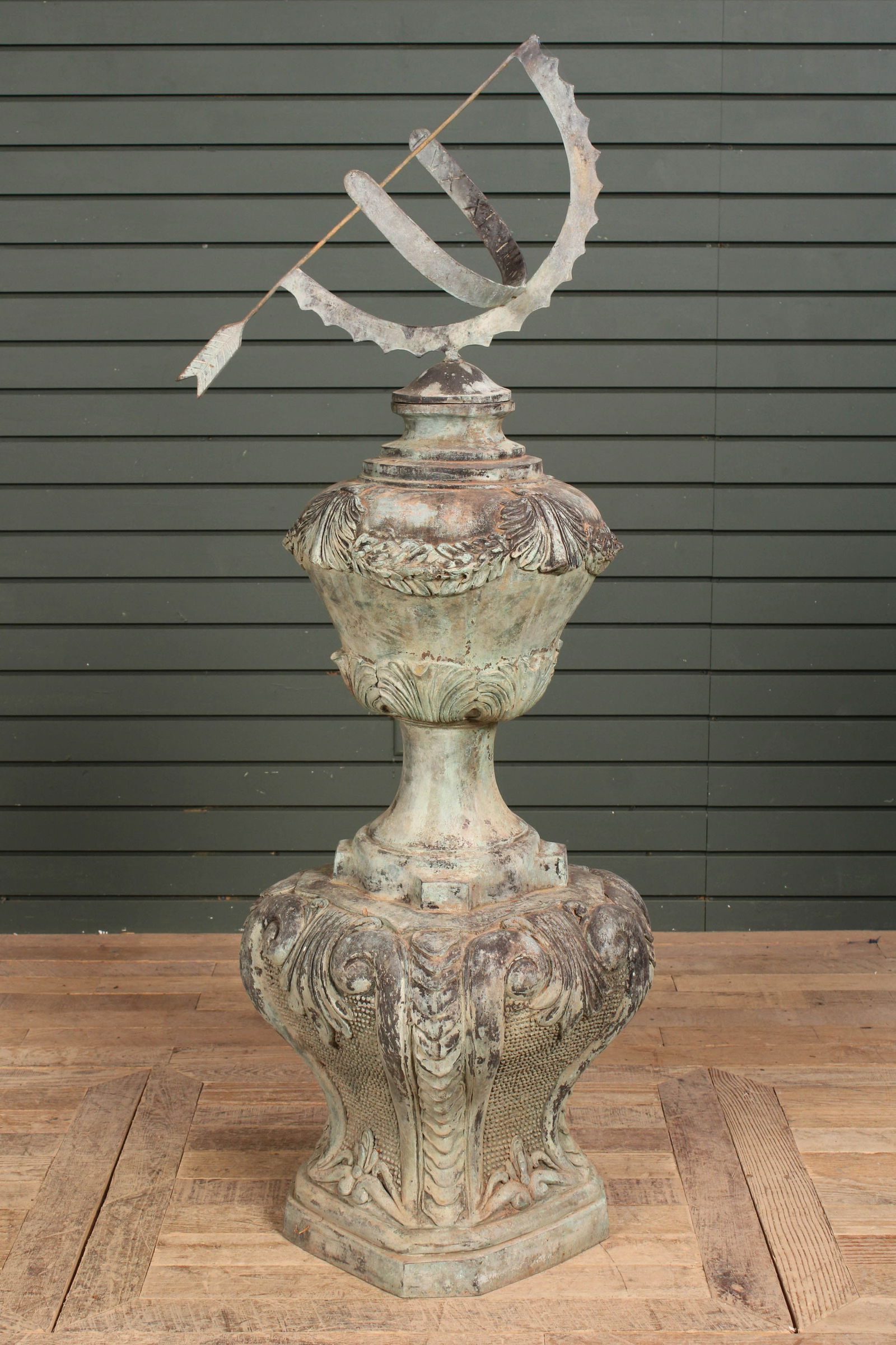 Armillary With Scrolled Pedestal: Very Interesting ornate verdigris pedestal with armillary topper. Armillary was added later and is removable, missing piece on armillary as seen in photos Size: 52"T x 17"L x 17"W