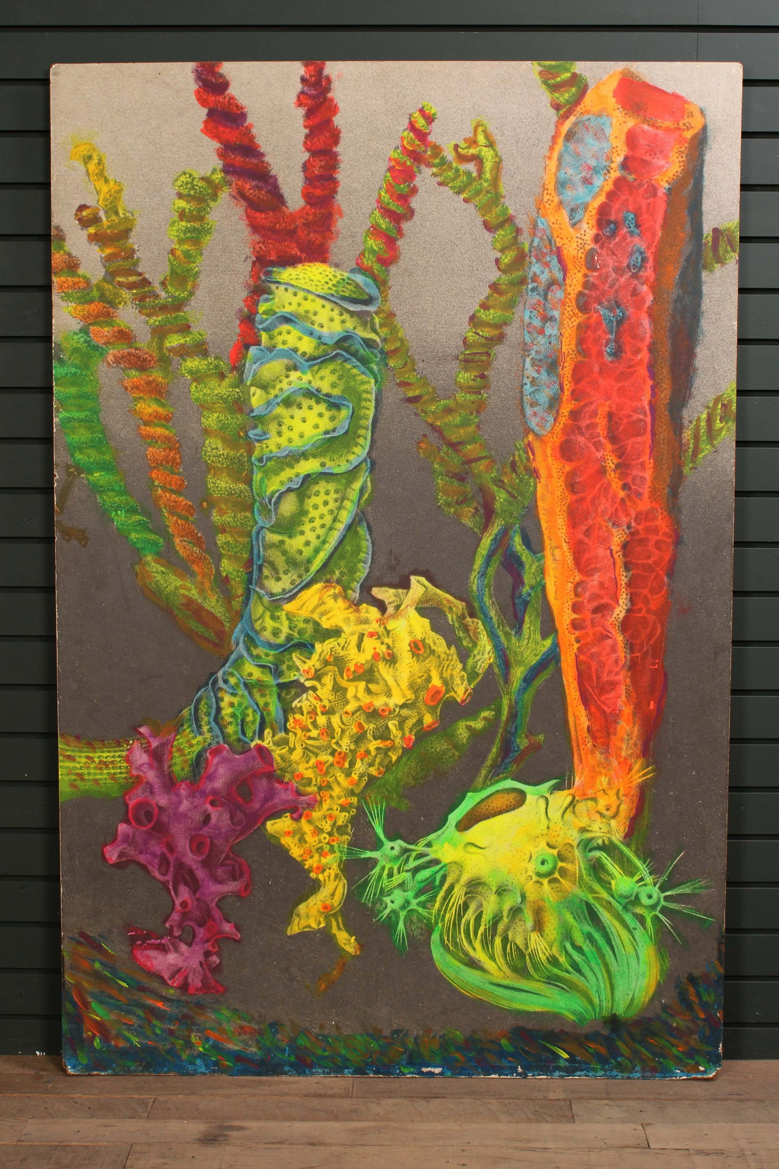 Surrealist Marine Life Painting: Vibrant marine life painting on board, great scale. Unsigned. Size: 59.75"T x 40"W x 1.75"D
