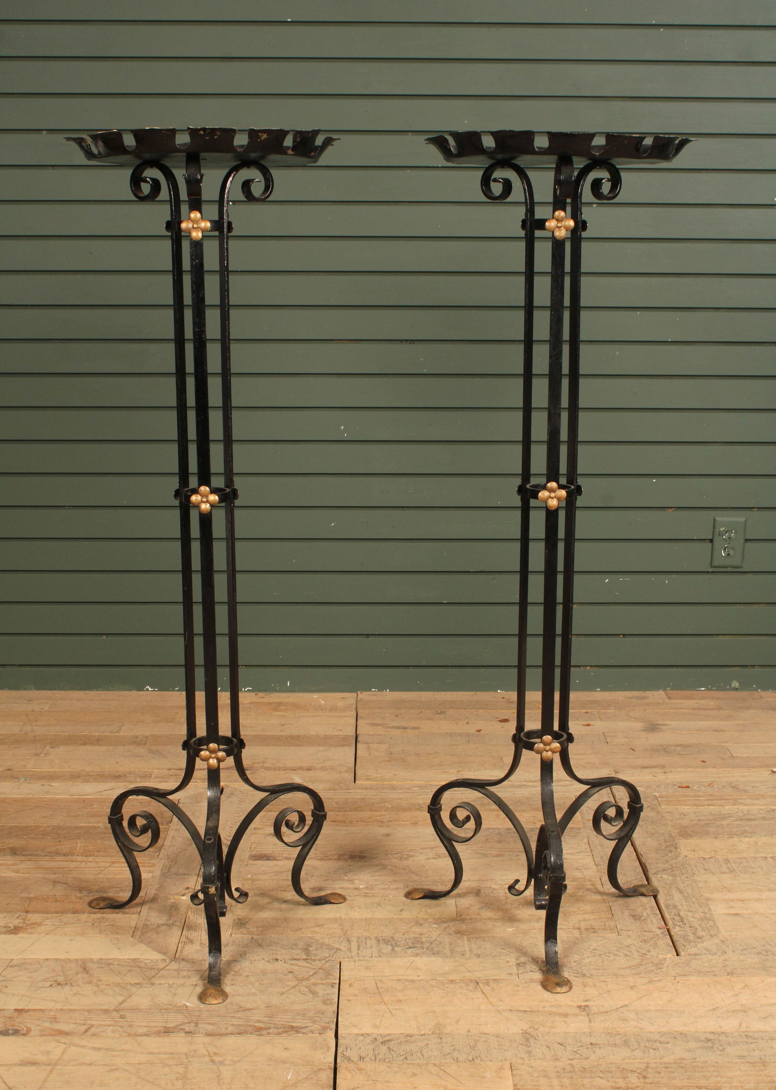 Gothic Style Wrought Iron Fernery Stands: Wrought iron fernery stands with brass floral accents. Size: 47"H x 15.5"Dia.