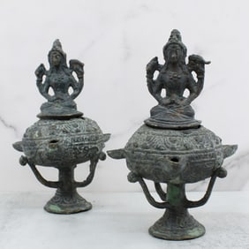 Pair Antique Bronze Puja Ritual Oil Lamps