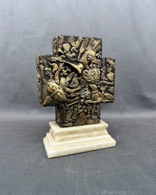 Mexican Milagro Cross On Stone Base, Signed