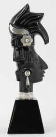Silver Mounted Mayan Chief Carved Obsidian Bust