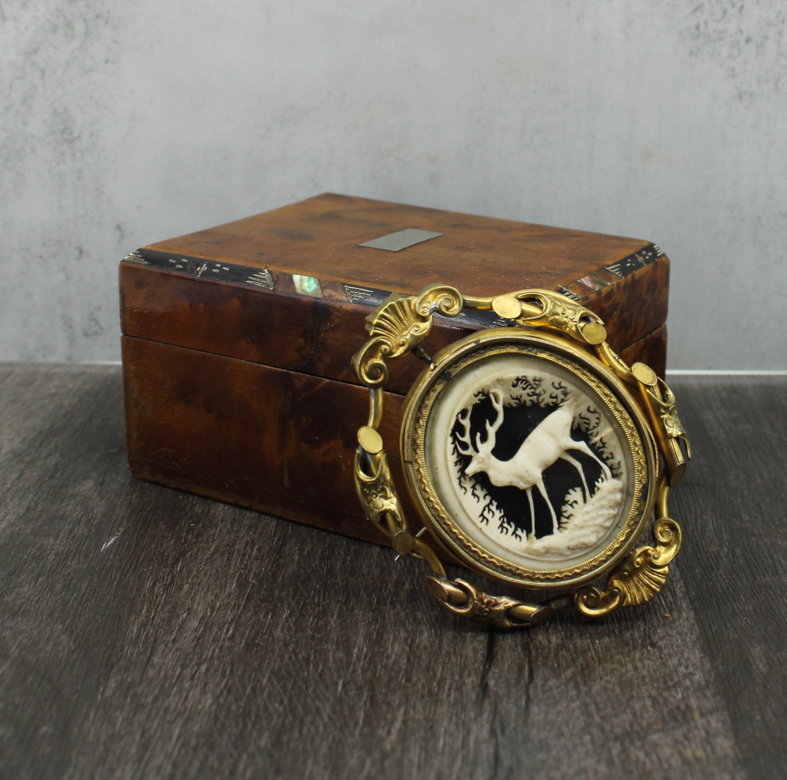 Antique Spinning Brooch with Carved Antler: Late Victorian era spinning brooch, one side is a black and white portrait, the other is a bone slice carved into a deer in the woods. Nice size and weight to the piece. Comes in a burl wood presentat