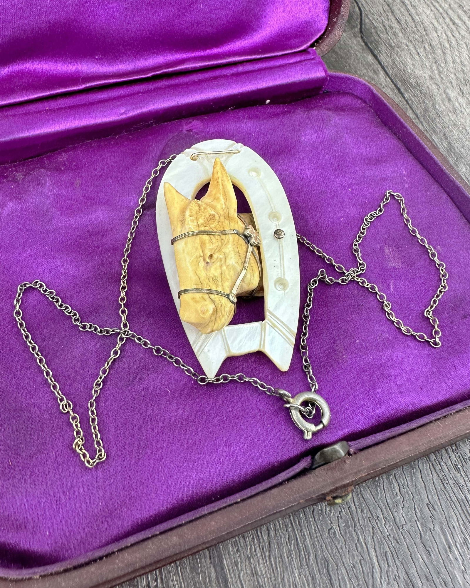 Victorian Carved Bone and MOP Equestrian Necklace: Really fun Victorian costume piece. Hand carved mother of pearl horse shoe with a bone horse head. Metal appears to be brass or bronze. No marks. Stand not included. Size: pendant 2.25"L x 1.25"W x 0.