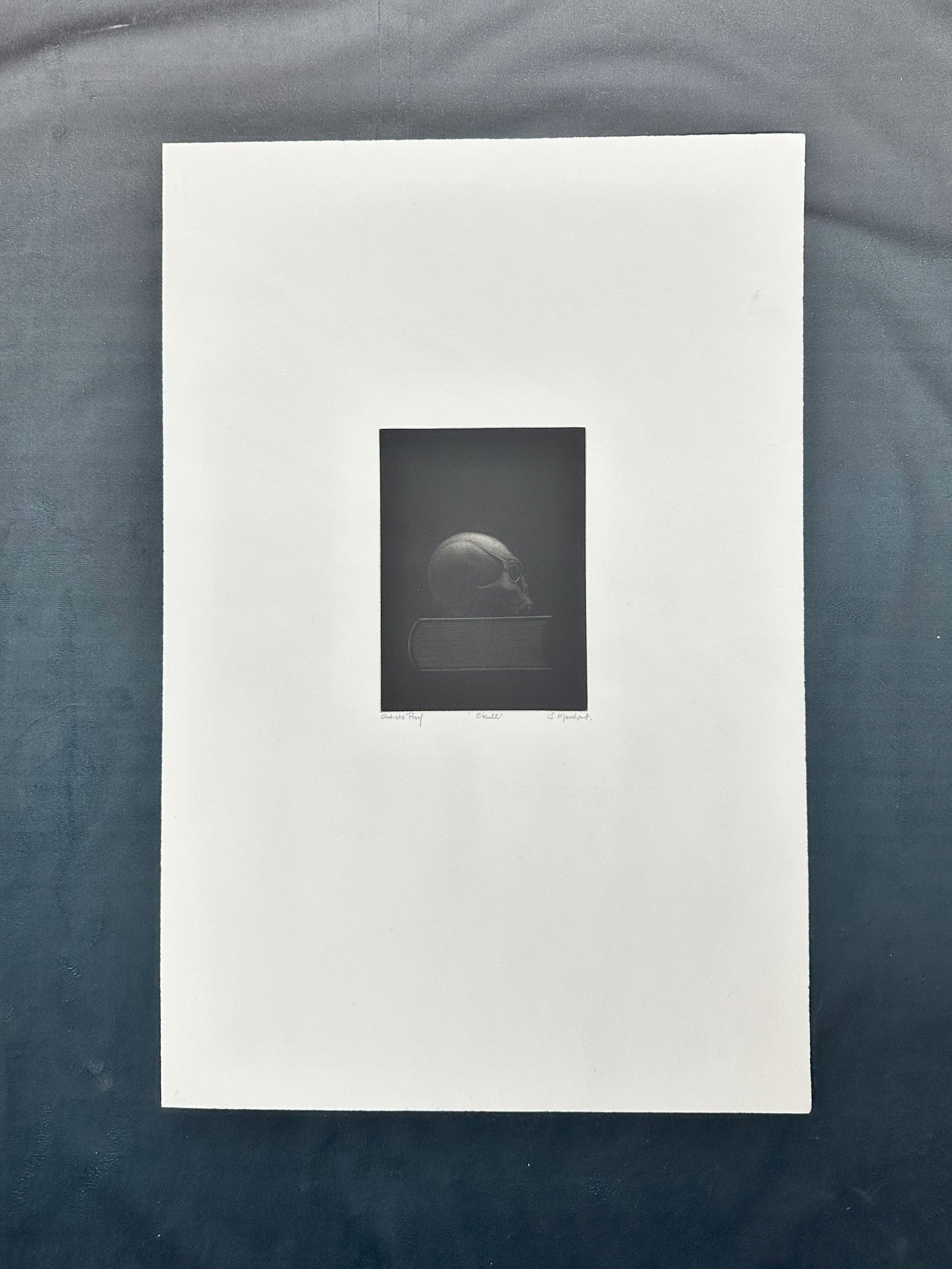 Skull by T. Marchant, Artist Proof Print: Super moody print of a skull on a book, labeled as Artist proof, "Skull, and I believe the signature is T. Marchant. Professional print on high quality paper. Unframed. Size: overall 20"T x 13.5"W, im