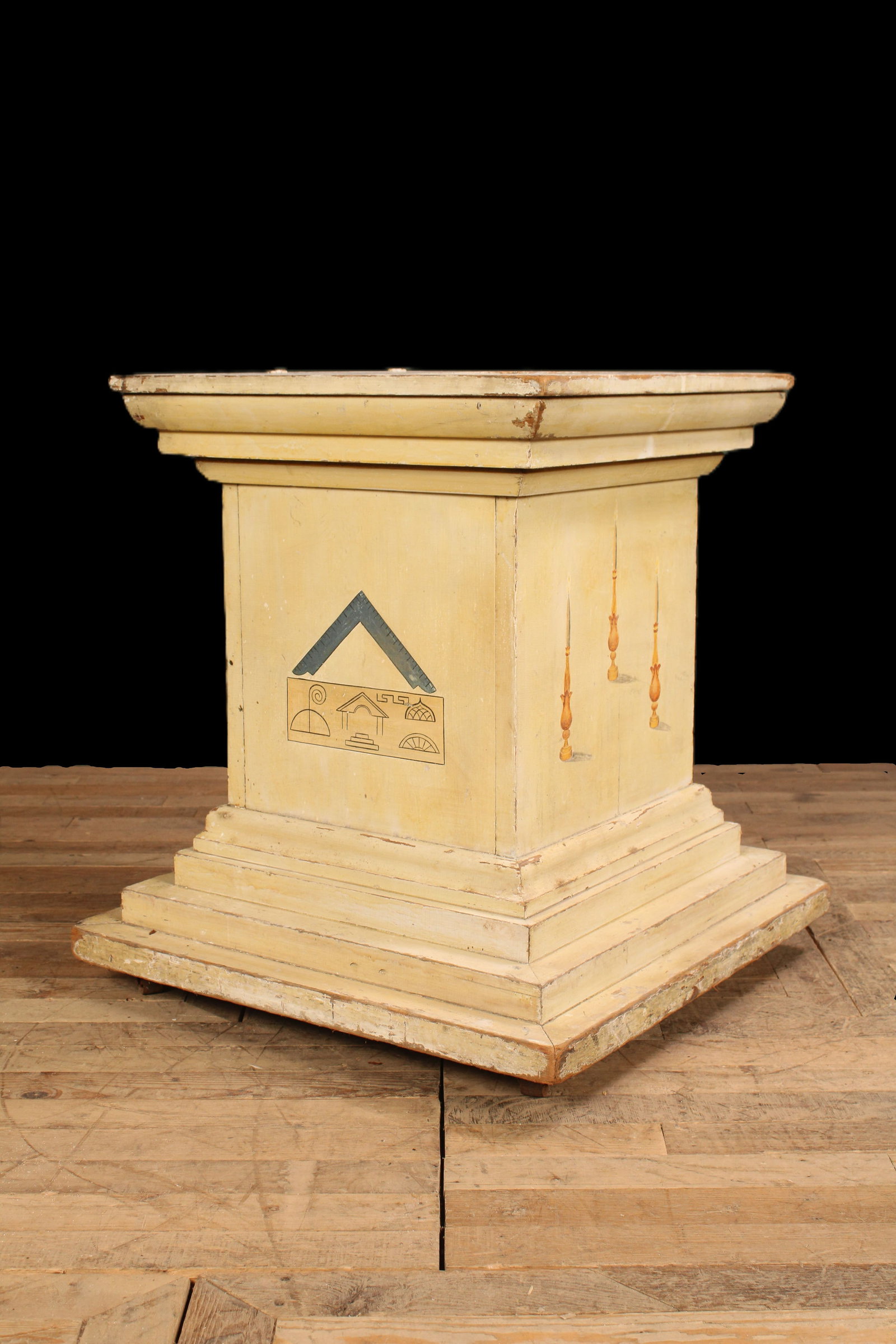Masonic Temple Prop, Hidden Compartment Pedestal: Masonic Temple ceremonial pedestal, lectern, wood construction, Masonic imagery on all four sides, hidden compartment under the top. Size: 31" H x 28" W x 28" D