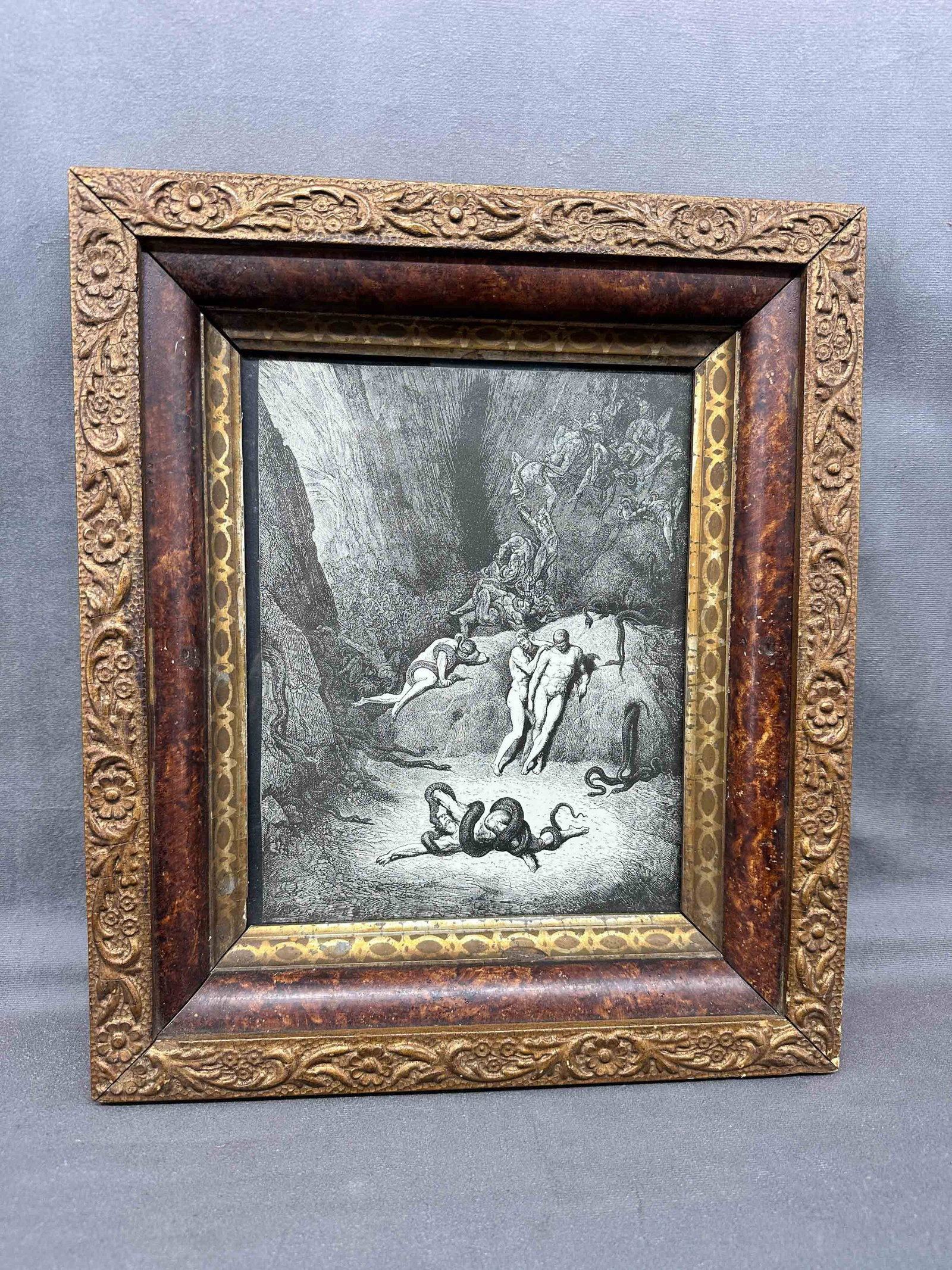 Snake Pit Print, From Dante's Inferno, 8th Circle: Depiction of the 8th circle of hell from Dante's Inferno. Punishment for fraud, thrown in a pit and tortured by demons for eternity. Victorian era frame. Size: 14.25"T x 12"W overall