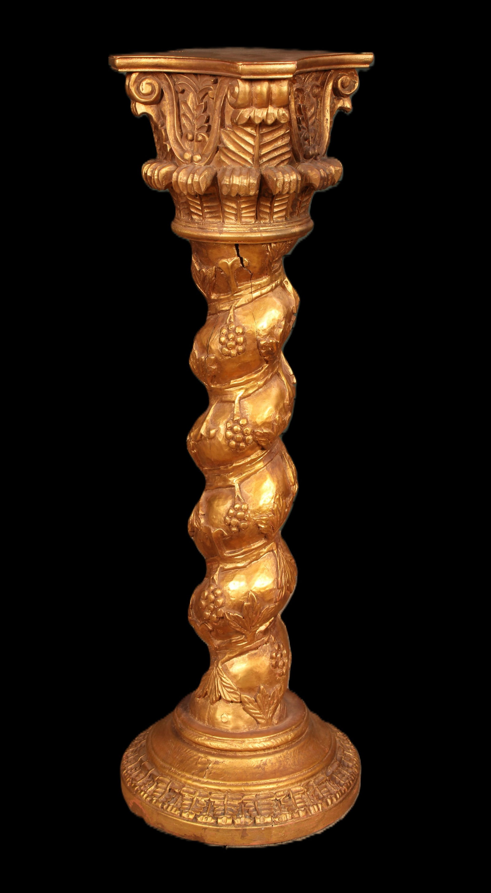 Italian Baroque Style Fernery Stand, Pedestal: A gold decorated pedestal in the Italian taste with scrolled wine decoration. Size: 42"tall.