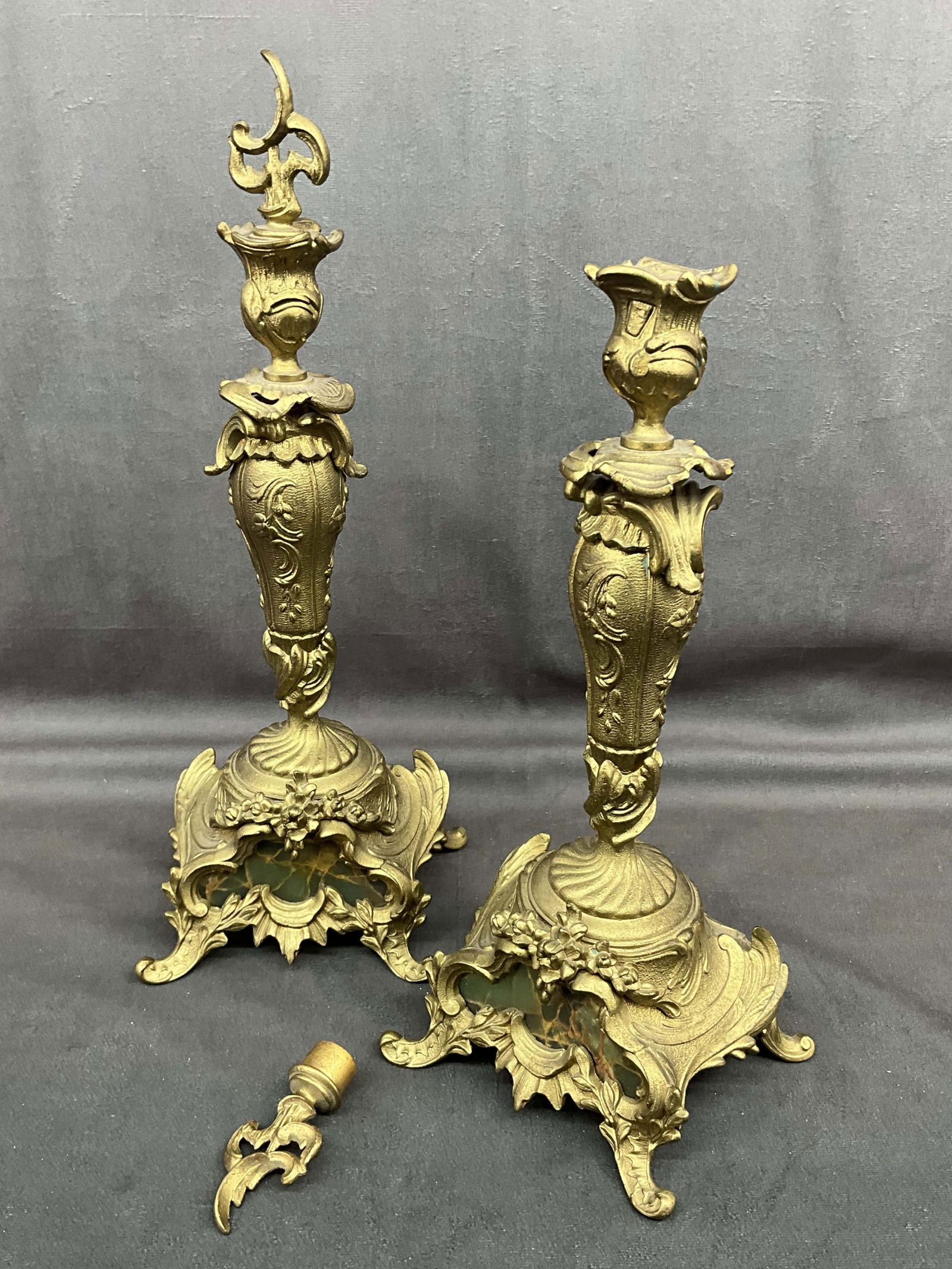 Hollywood Regency Brass Candlesticks With Marble: Hollywood Regency brass candlesticks with scroll work, removable stoppers, and marble details on base. Size: 14"T x 6"W x 4.5"D