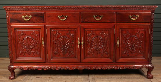 Buffet, Side Board, Carved Wood With Brass