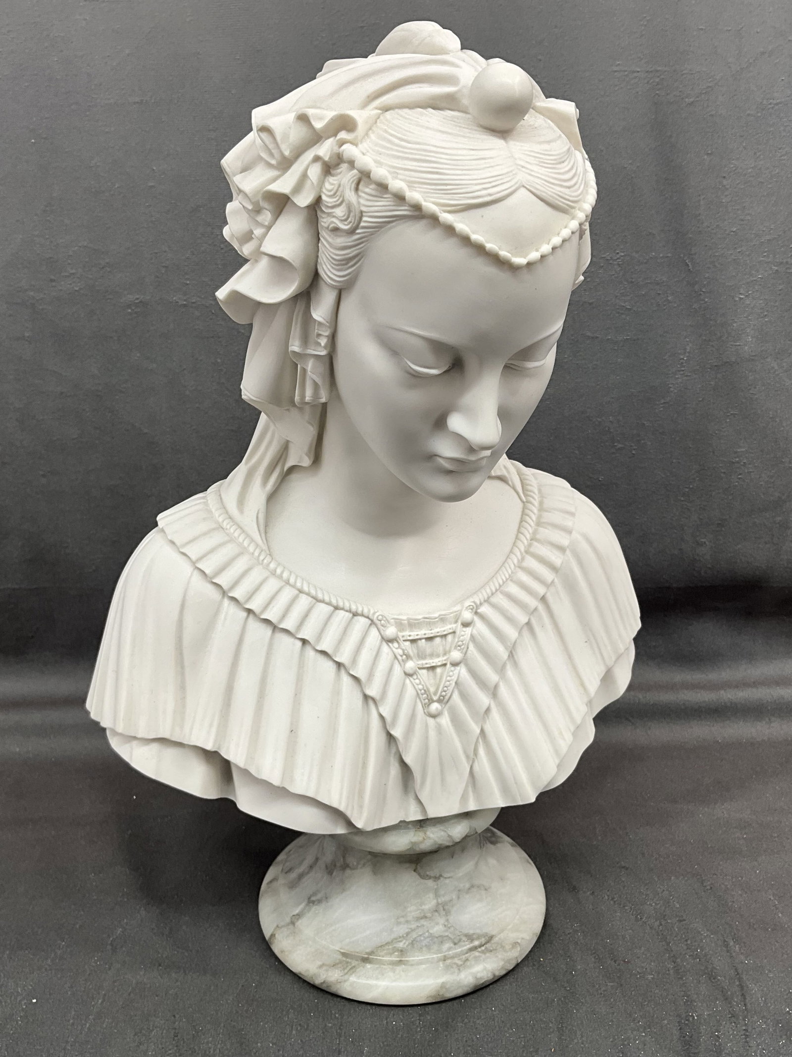Vintage Bust of Angelica Maria, Marble Base: Bust of a Princess, Italian, signed A. Giannelli. Composite figure on stone base. Signed on back. Size: 13"T x 8"W x 5"D