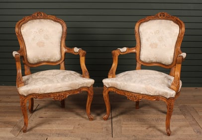 Pair Louis XV Style Chairs, Upholstered