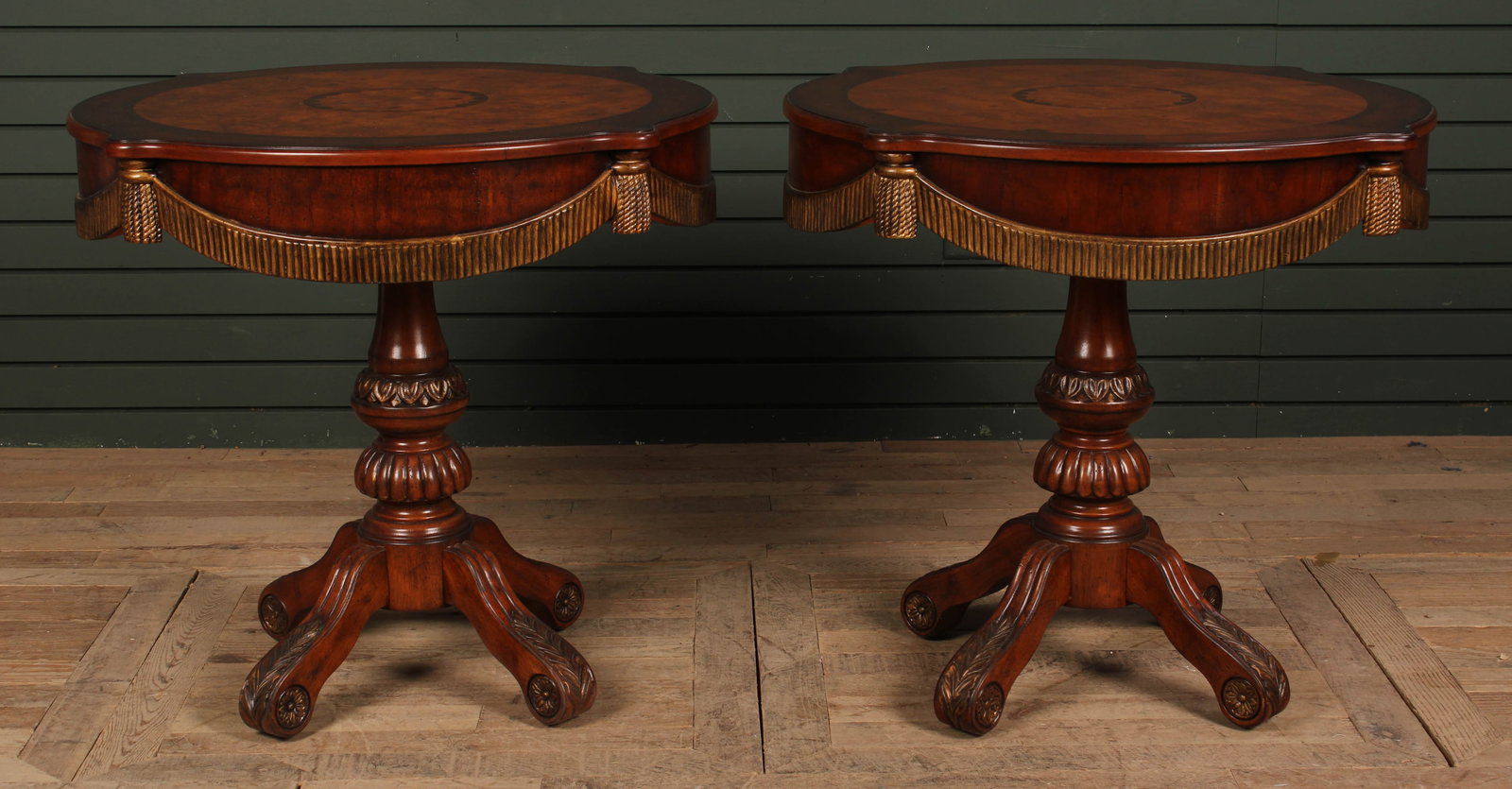 Rope and Tassel Motif Tables: A pair of tables with banded tops over faux rope decorated aprons. Size: 28"H x 28.5"Dia.