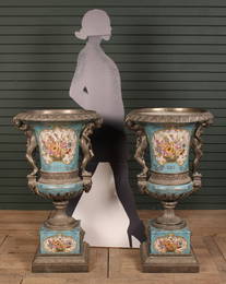 Pair Porcelain & Bronze Campana Style Urns, 38"