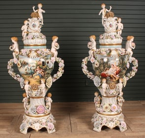 Monumental Dresden Style Figural Urns, 63"