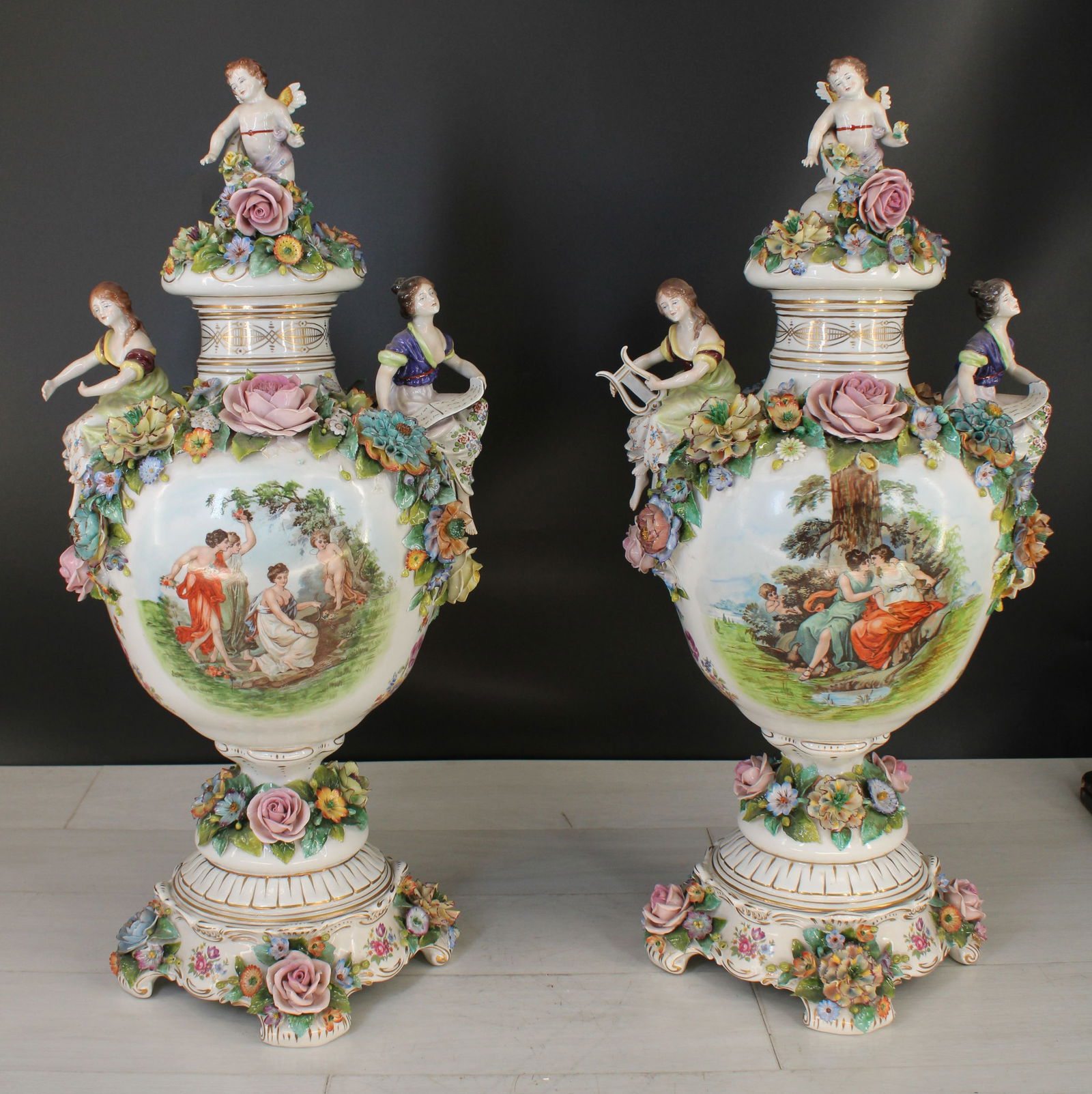 Pair Dresden Style Sculptural Urns (1 of 9)