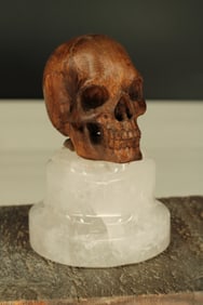 Wood Skull On Quartz Plinth