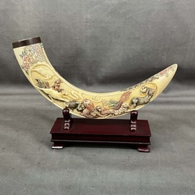 Carved & Painted Horn On Stand, Zodiac