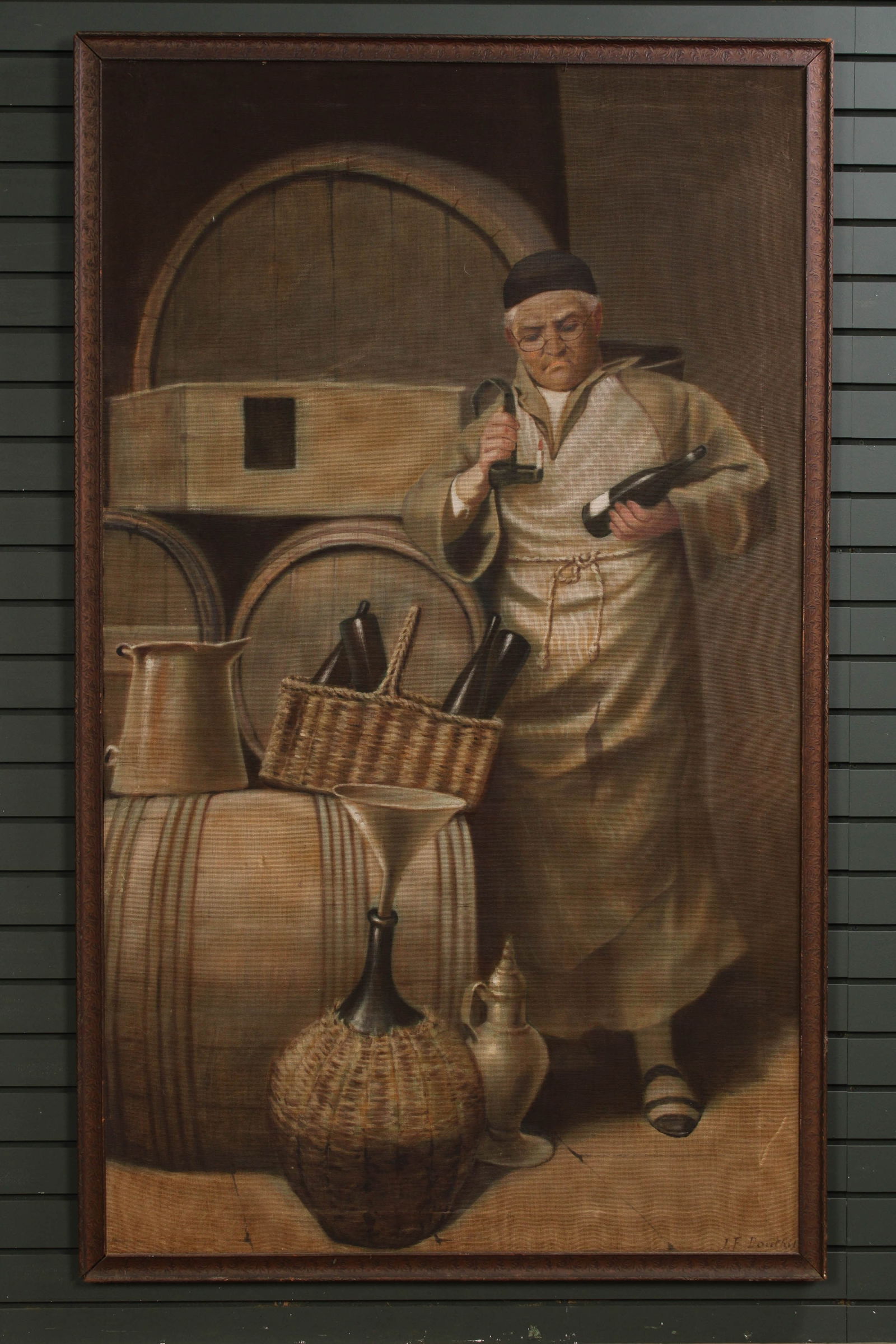 Wine Cellar Monk: Large scale artwork of a monk in a wine cellar, oil on linen. Signature LR, J.F. Douthitt (American 1856-1908) Size: 68.25"T x 41.25"W x 1.5"D
