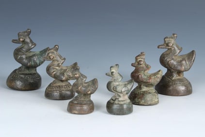 6 Antique Bronze Burmese Opium Weights