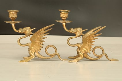 Pair Figural Cast Brass Griffin Candlesticks