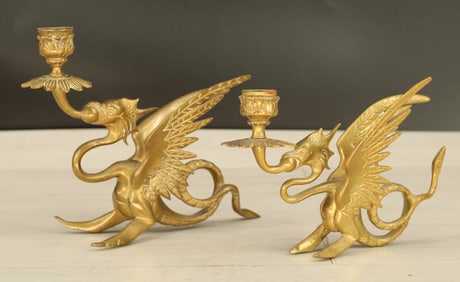 Near Pair Figural Cast Brass Griffin Candlesticks