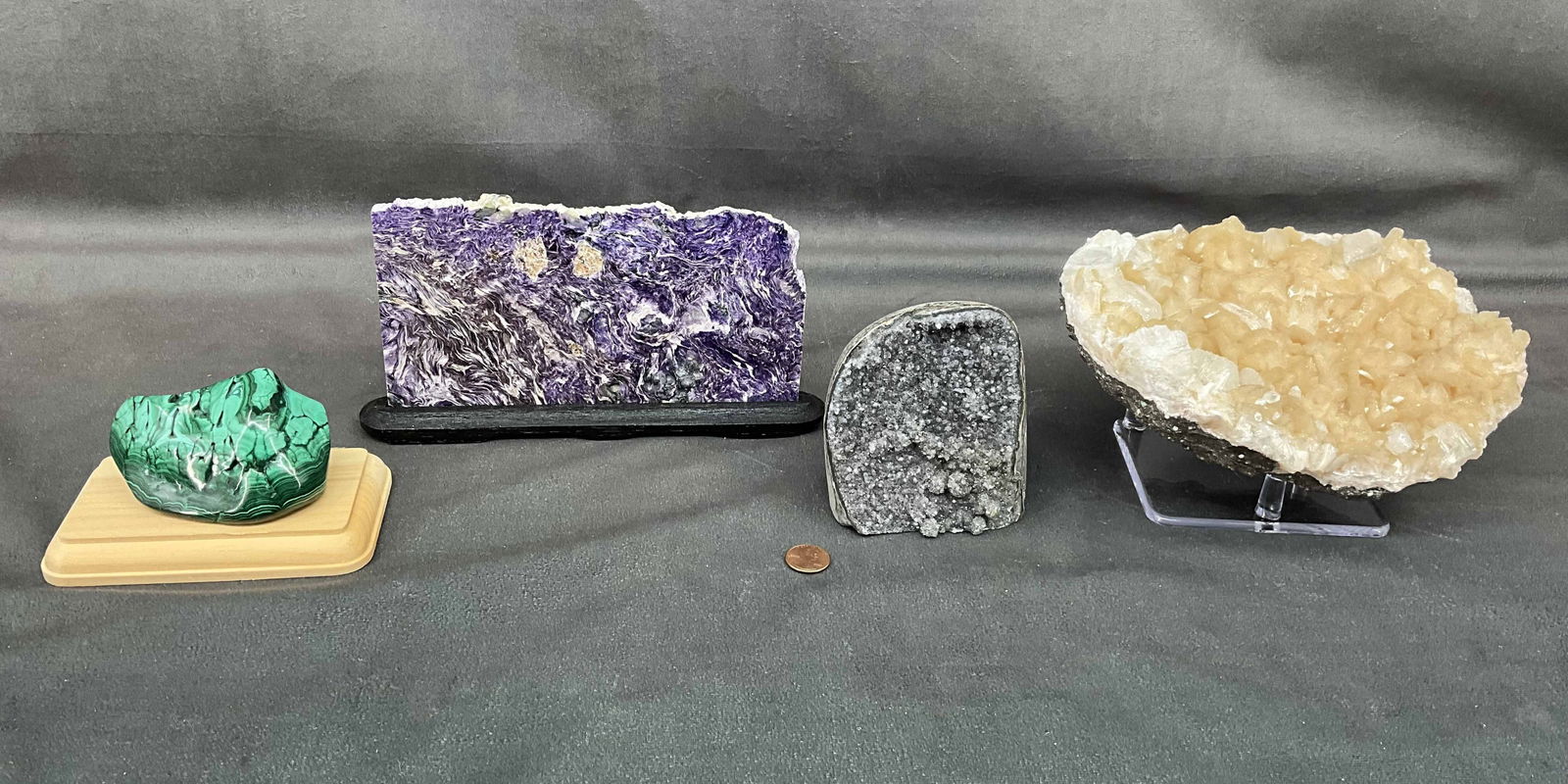 Stilbite, Galaxy Amethyst, Malachite, & Charoite (1 of 11)