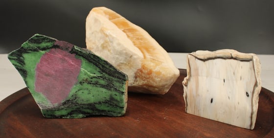 Calcite, Ruby In Zoiste, Petrified Wood