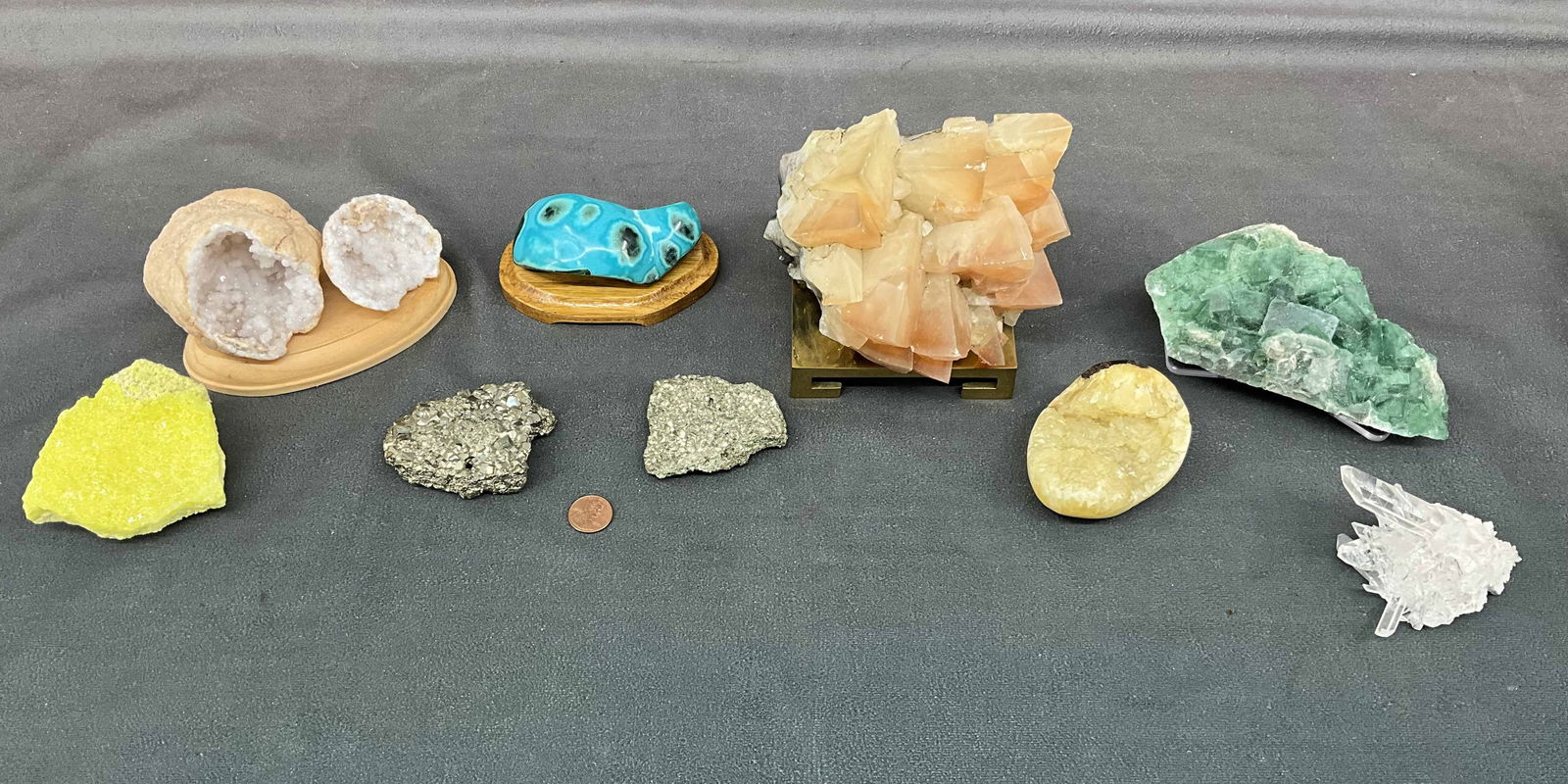 Full Color Mix, Sulfur, Calcite, Chrysocolla: Great color range, sulfur, dog tooth calcite, chrysocolla on malachite, whole geode, quartz cluster, pyrite, septarian egg, green fluorite. All stands included. Size: largest 4.5"T x 5"L x 5"D Provena