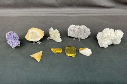 Quartz, Grape Agate, Aragonite, Amber & Calcite