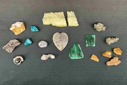 Amber, Pyrite, Malachite, Chrysocolla