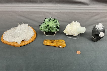 Quartz, Apophyllite With Calcite, Amber
