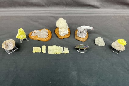 Aragonite, Selenite, Sulfur, Quartz