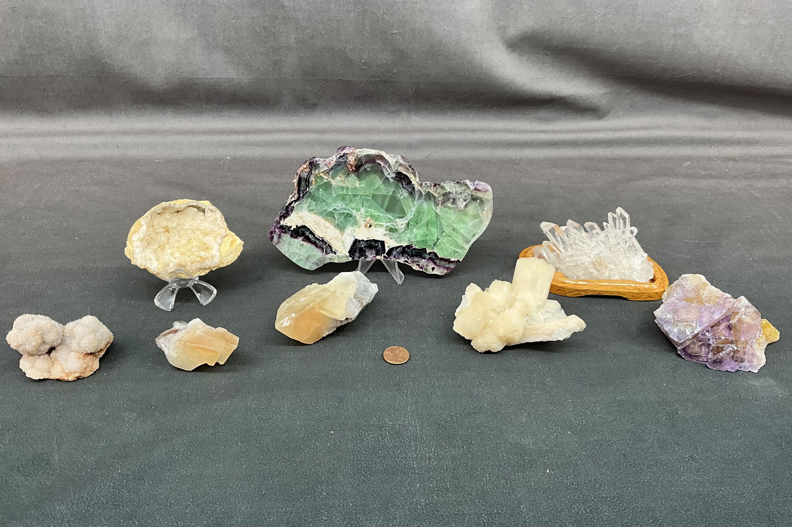 Dogtooth Calcite, Stillbite, Fluorite: Dog tooth calcite, stillbite, fluorite slab, calcite geode, quartz, druzy, Elmwood fluorite. Size: largest 4"T x 7.5"L x 0.5"D Provenance: From the lifetime collection of an Oreland, Pennsylvania priv