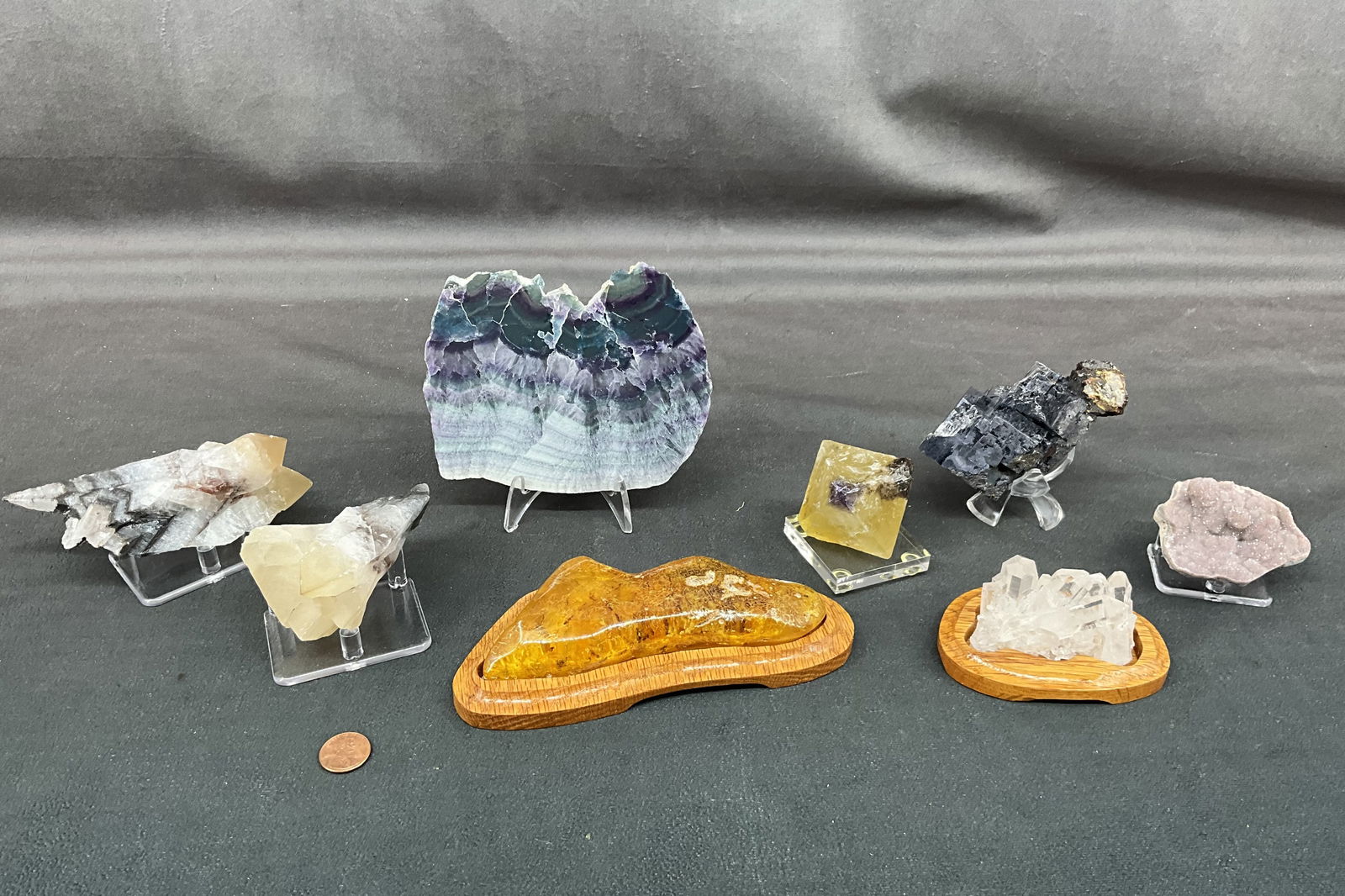 Dogtooth Calcite, Fluorite, Quartz: Dog tooth calcite, druzy, amber, Elmwood fluorite bi color yellow and purple, galena, amber, quartz. Size: largest 5"T x 6"L x 0.25"D Provenance: From the lifetime collection of an Oreland, Pennsylvan