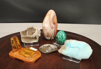 Blue Hemimorphite, Amber, Ammonite
