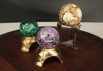 3 Spheres- Malachite, Charoite, Agate