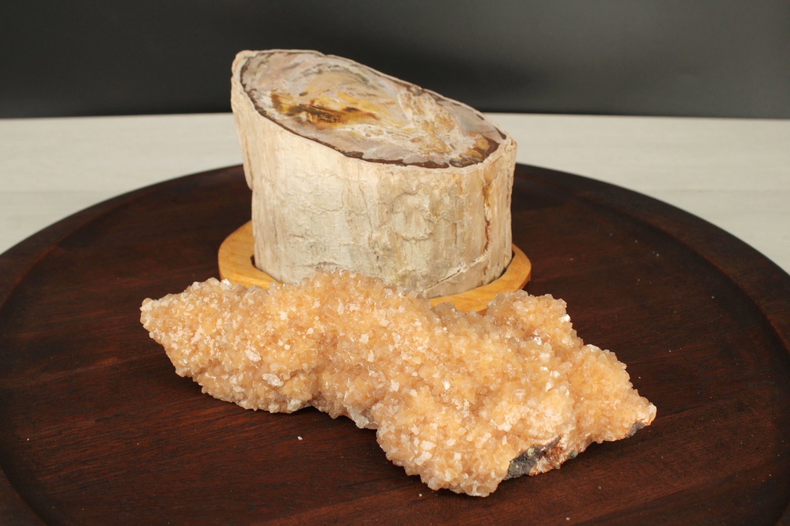 Petrified Wood, Henlandite & Mordenite: Petrified wood with polished end, henlandite & mordenite (India). Stand included. Size: see photo Provenance: From the lifetime collection of an Oreland, Pennsylvania private estate. Shipping Options:
