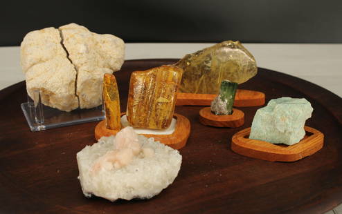 Geode, Amber, Amazonite, Tourmaline: Whole geode, 2 pieces of amber on wood stand (some cracking), amazonite, apophyllite on stillbite, rutilated quartz, green tourmaline on stand. Size: see photo Provenance: From the lifetime collection