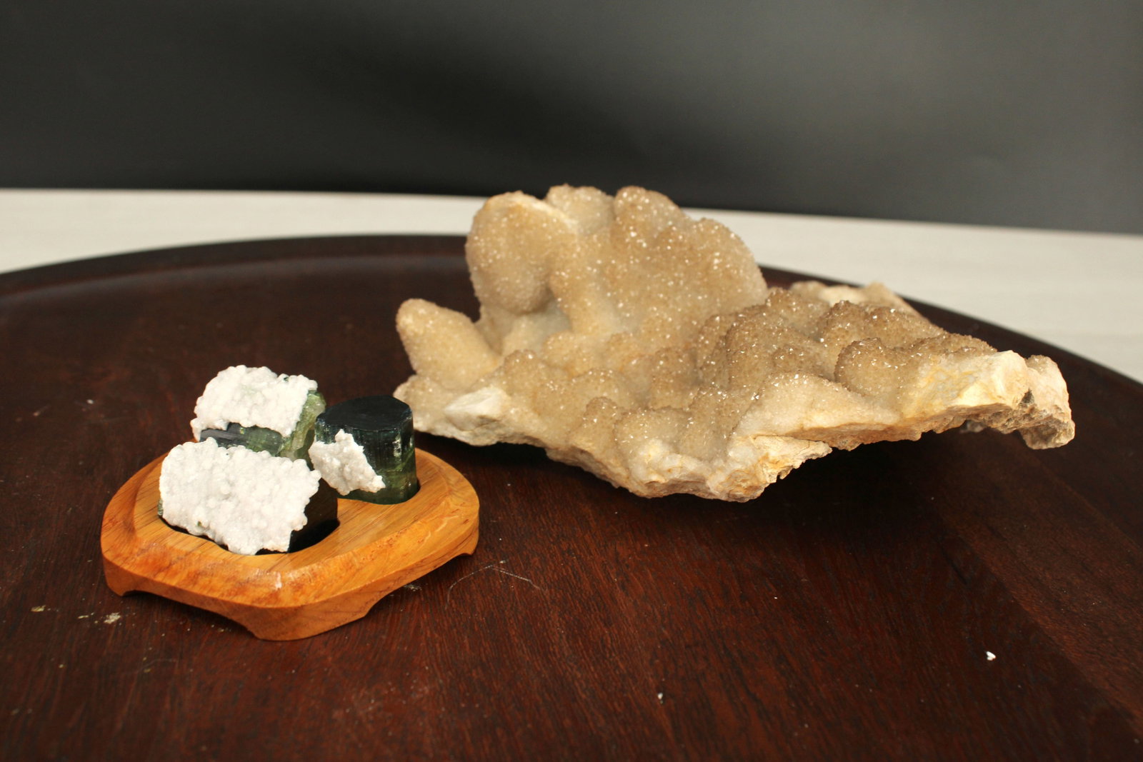 Brown Druzy, Tourmaline Triplet: Brown druzy specimen from Missouri, triple green tourmaline on stand. Size: see photo Provenance: From the lifetime collection of an Oreland, Pennsylvania private estate. Shipping Options: You may req