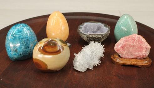 Amazonite, Amethyst Geode, Calcite Egg