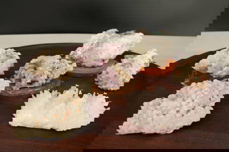 Tourmaline, Geode, Smithsonite: Pink and green tourmaline in matrix, smithsonite, geode, manganocalcite (UV reactive, Peru), dolomite on calcite, and druzy. Size: see photo Provenance: From the lifetime collection of an Oreland, Pen