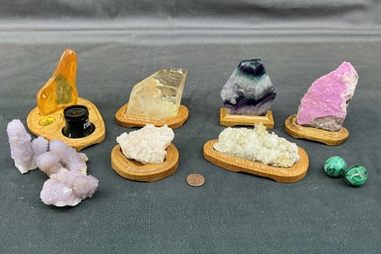 Stilbite, Fluorite, Golden Calcite, Amber