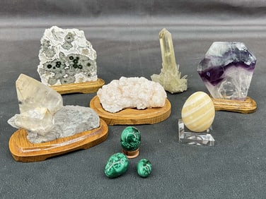 Fluorite, Stillbite, Onyx Egg, Citrine