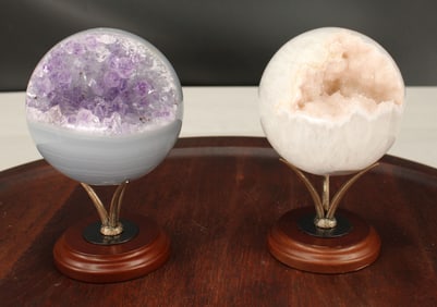 Pair of Agate Spheres With Crystals