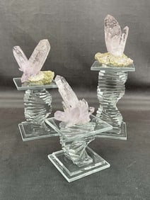 3 Amethyst Specimens On Glass Stands